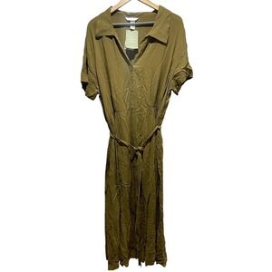 H&M Dress Womens XL Olive Green Collar Button Front Belted Long Maxi Resort